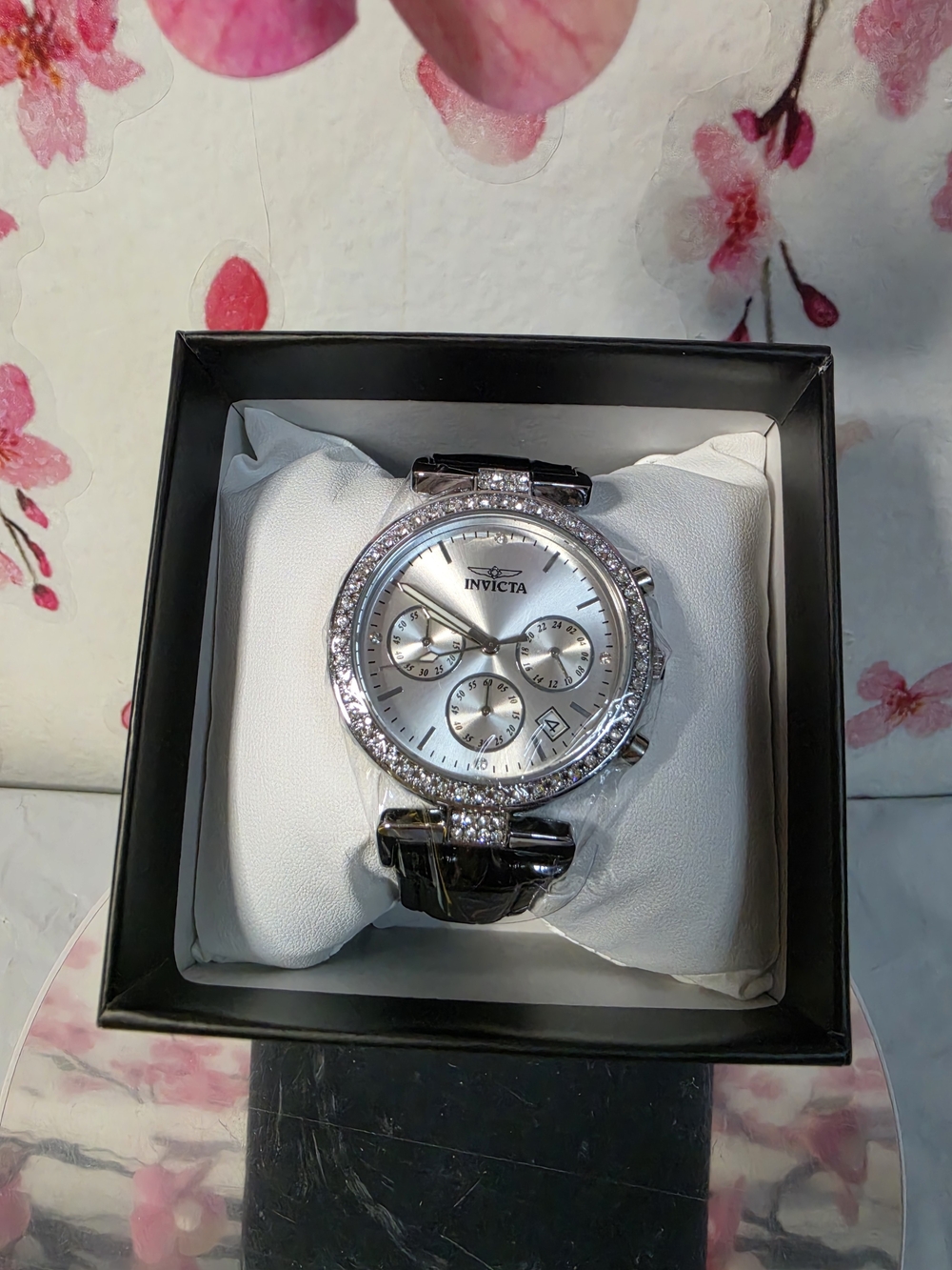 Invicta Silver Dial Watch with Crystal Bezel and Black Strap